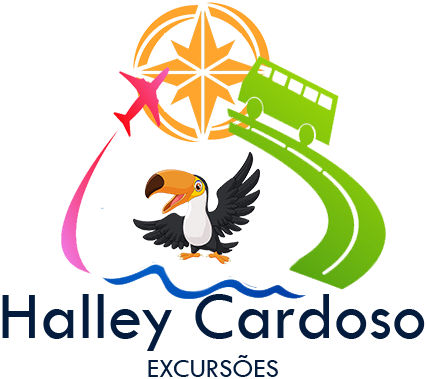 Logo da Halley Cardoso Excursões: bússola, avião, ônibus na estrada, tucano e ondas